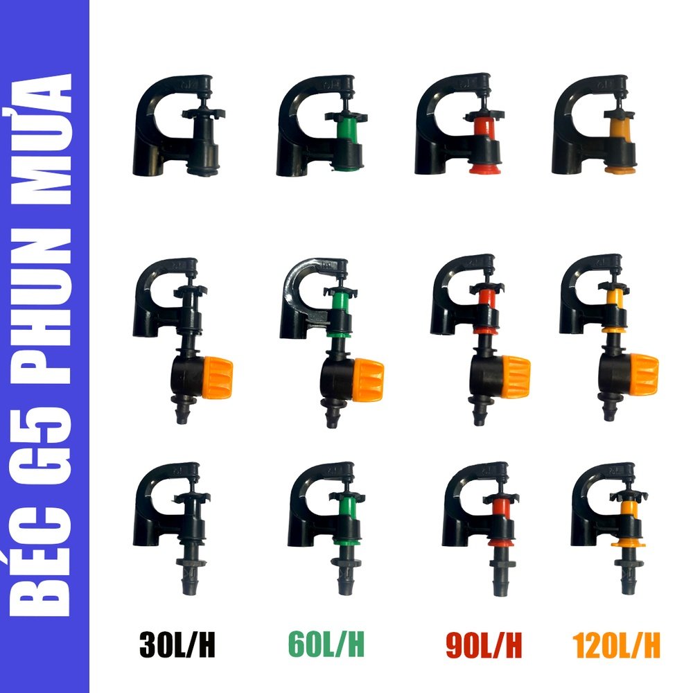 Béc tưới phun mưa G5 cải tiến 4 cỡ 30/60/90/120 L/h - chân cắm, kèm van, đuôi gài 6mm