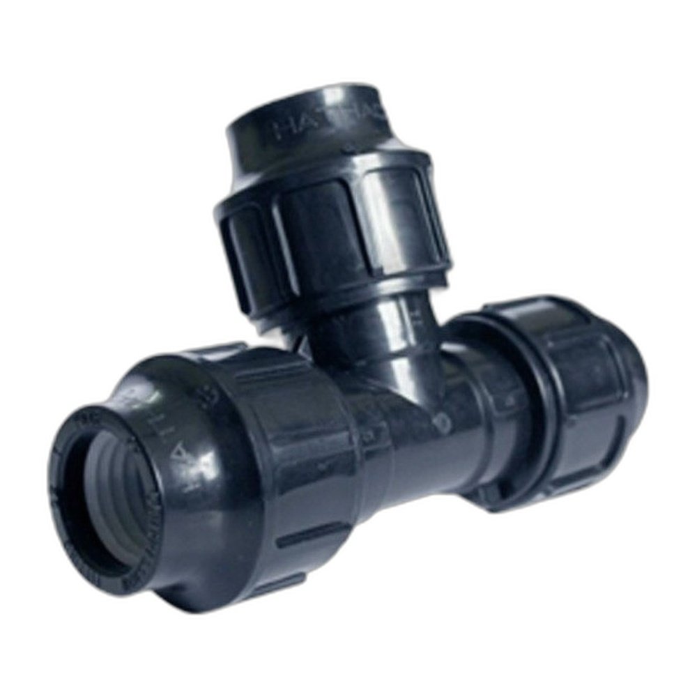 Tê đều HDPE khớp siết ron - thân nhựa đen, 3 búi siết cho ống HDPE